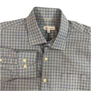 Peter Millar Long Sleeve Button Down Shirt Blue Brown Gingham Check Men's XL